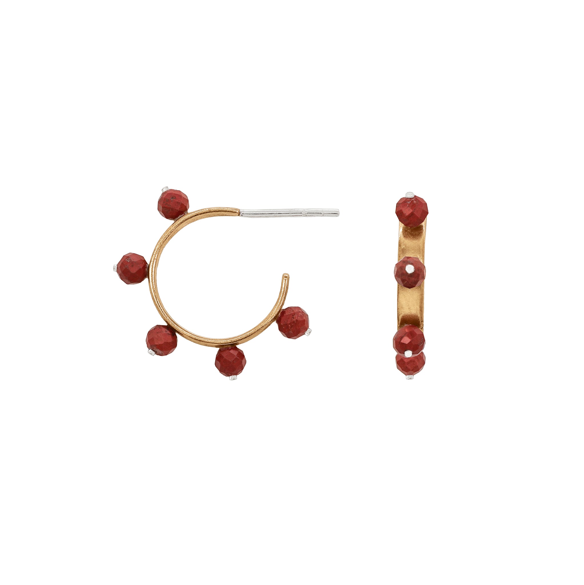 Stone Studded Post Hoops in Red Jasper - Bronze & Silver