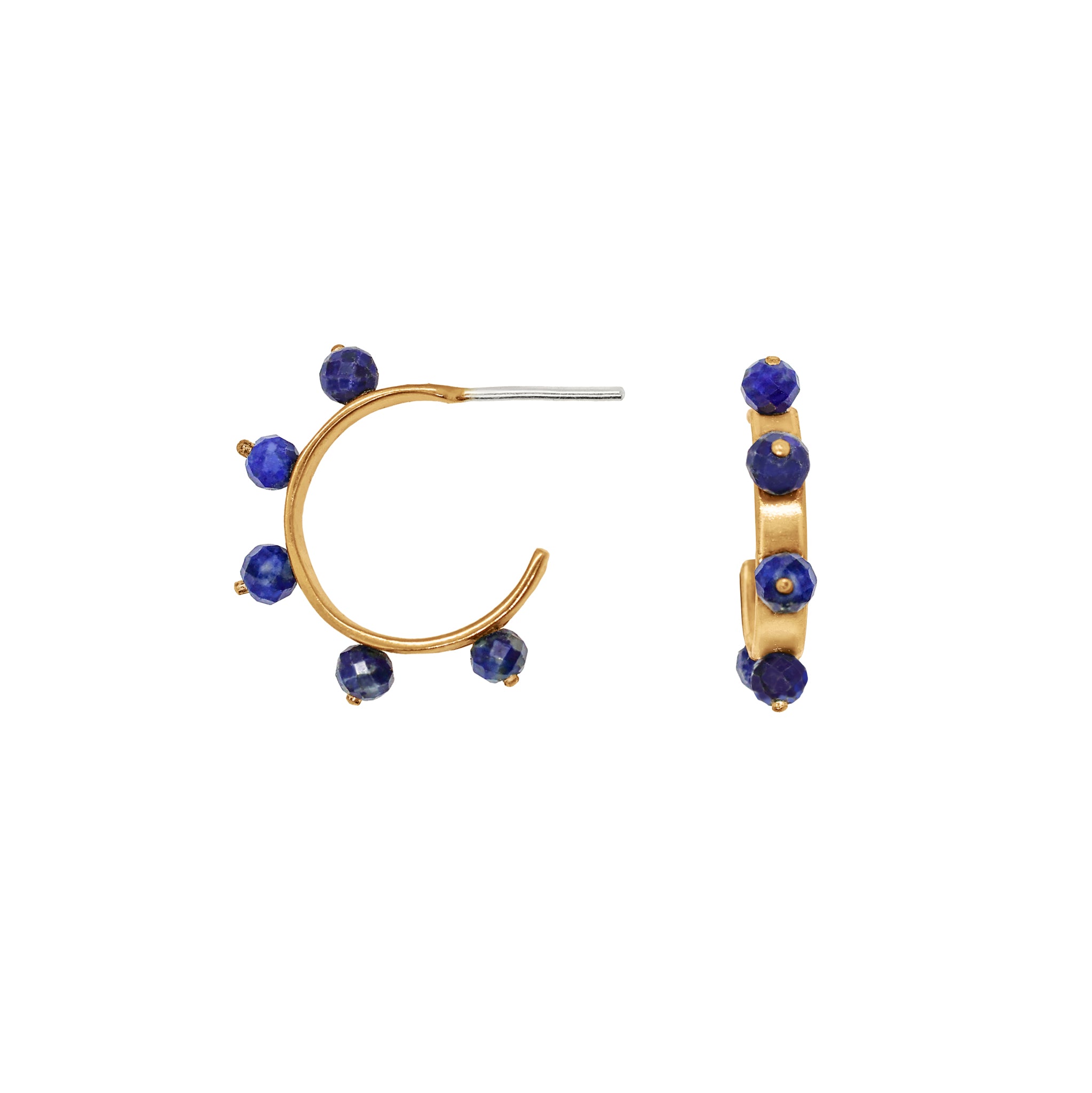 Stone Studded Post Hoops in Lapis - Bronze & Silver
