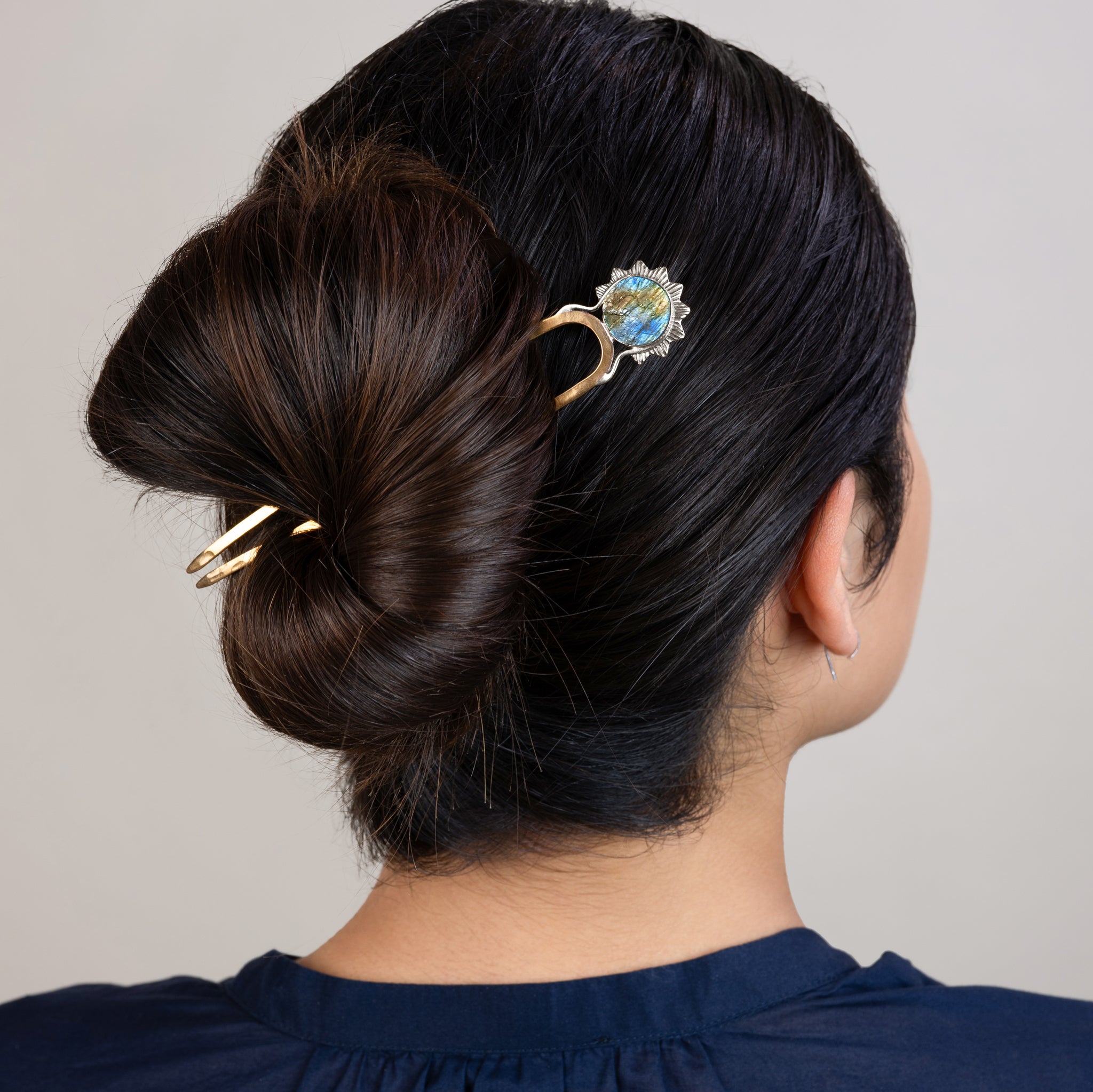 Stoneburst Hair Pin in Labradorite & Bronze with Silver Accents - 5" L | Available to Ship September 10, 2026