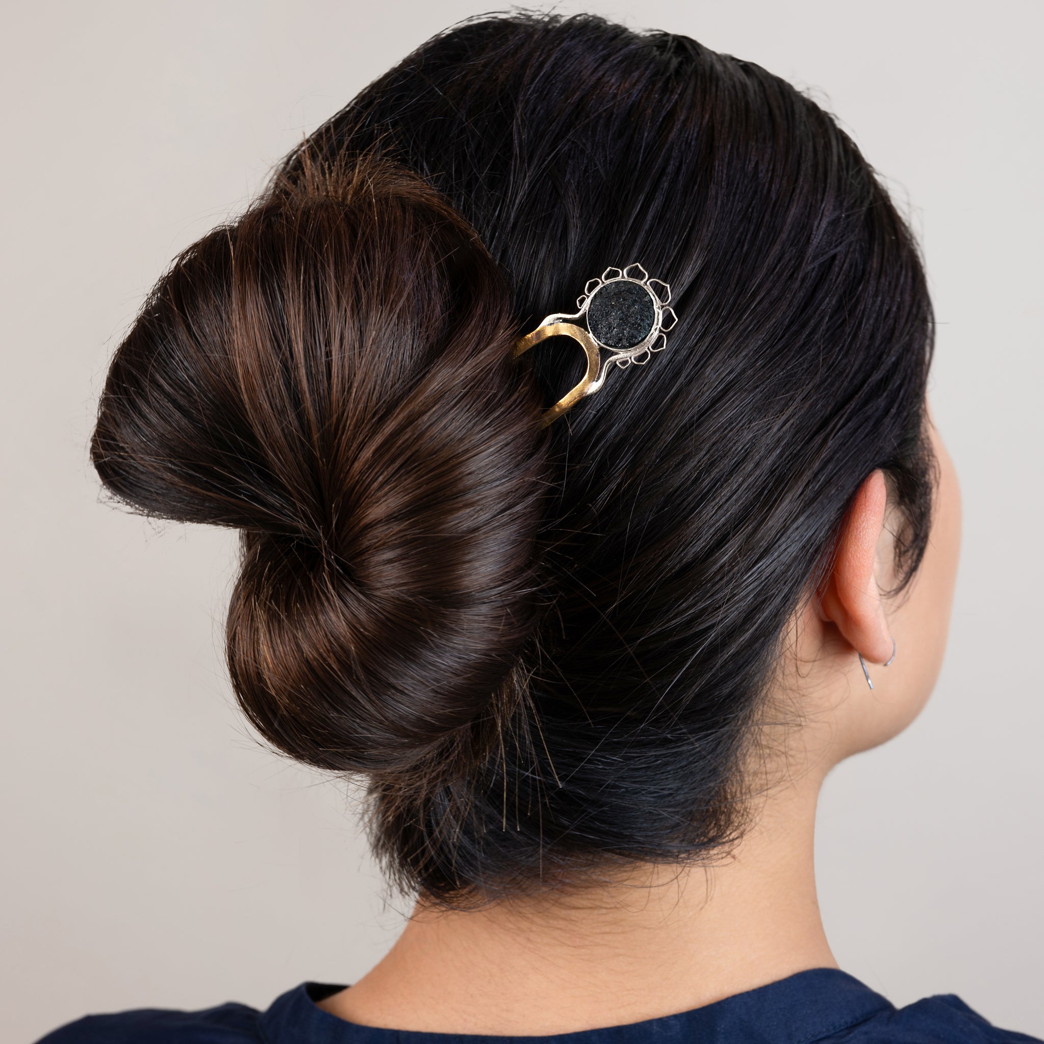 Open Lotus Hair Pin in Black Tourmaline - 5" L | Available to Ship September 10, 2026