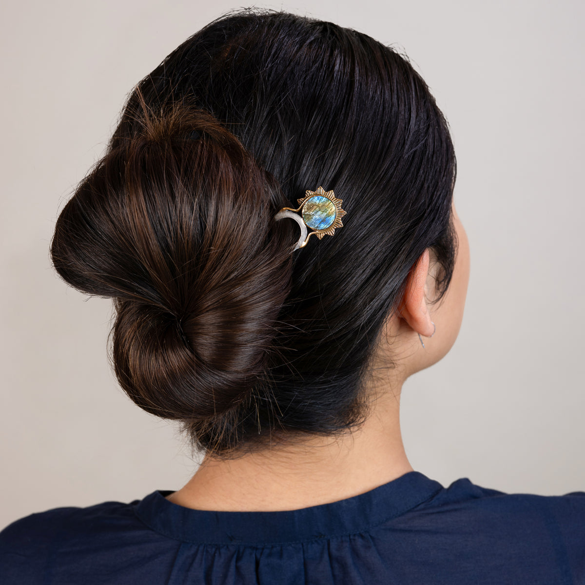 Stoneburst Hair Pin in Labradorite & Silver with Bronze Accents - 5" L | Available to Ship September 10, 2026