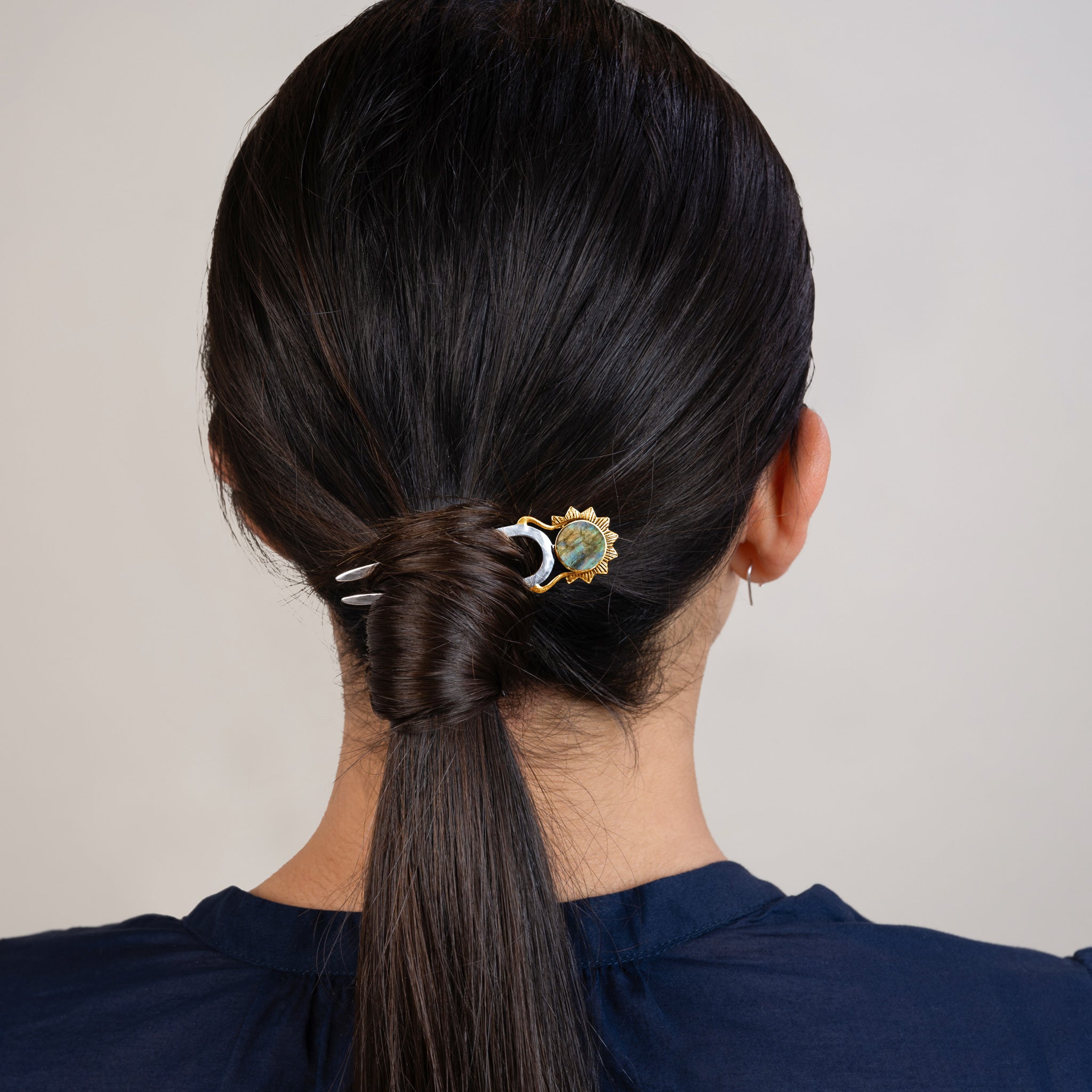 Stoneburst Hair Pin in Labradorite & Silver with Bronze Accents - 2 1/2" L | Available to Ship September 10, 2026