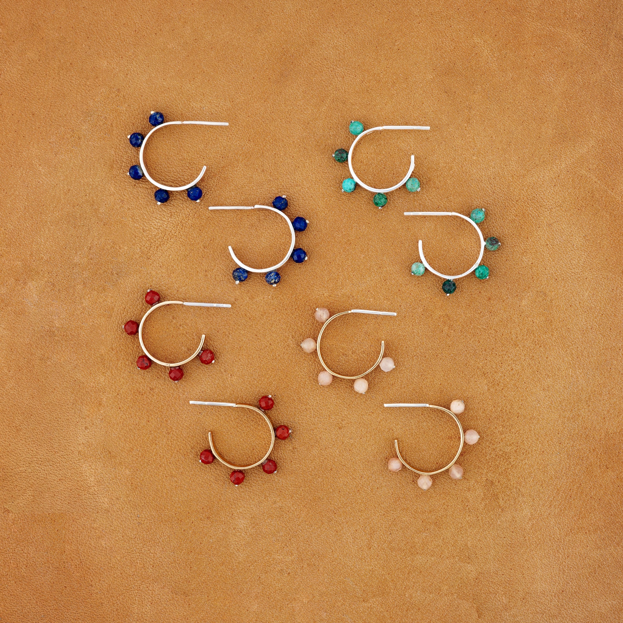 Stone Studded Post Hoops in Lapis - Bronze & Silver
