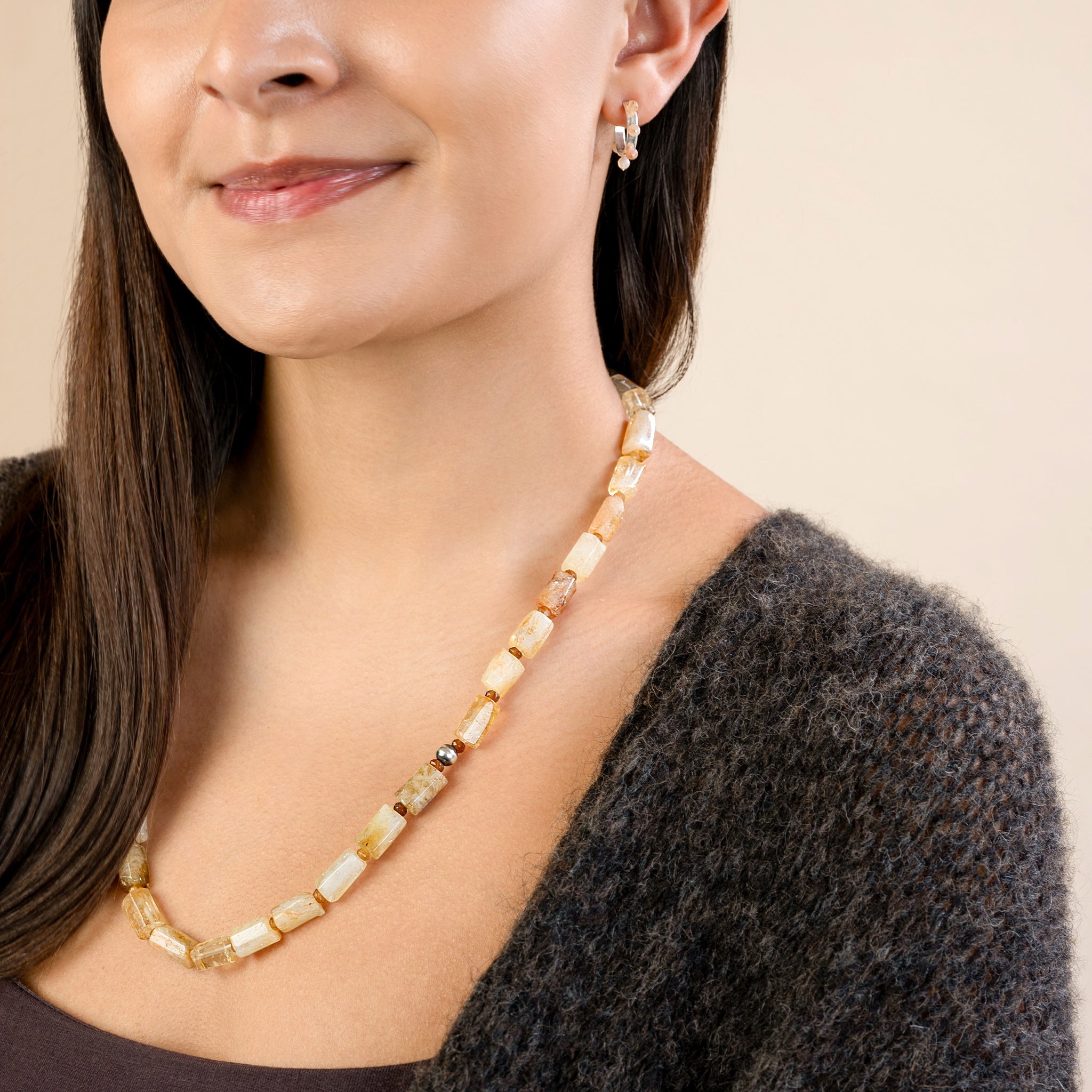 Stone Studded Post Hoops in Sunstone & Silver