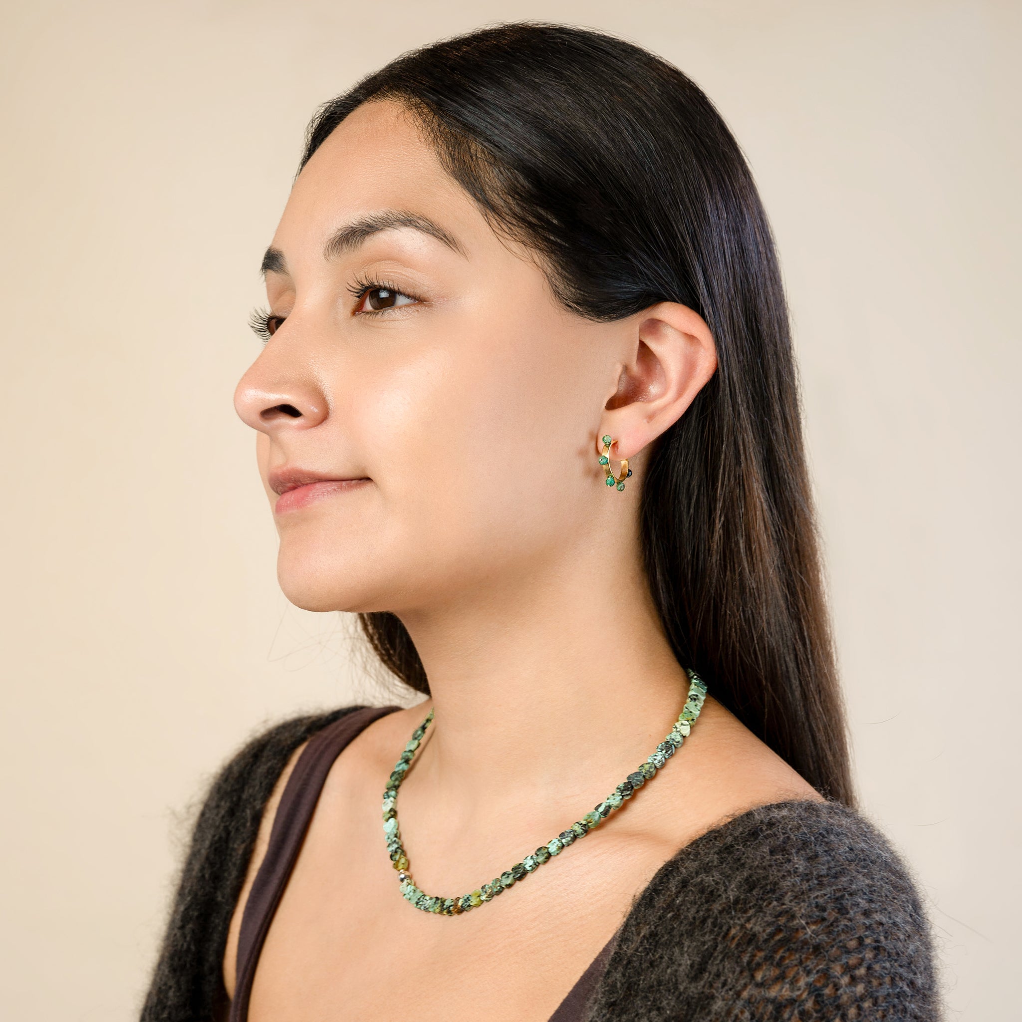 Stone Studded Post Hoops in Turquoise - Bronze & Silver