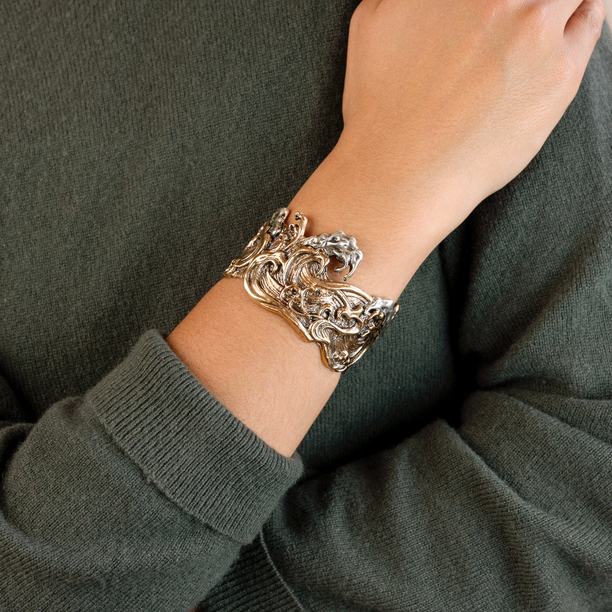 Waves of Joy Cuff Bracelet in Bronze with Silver Accents - Wide
