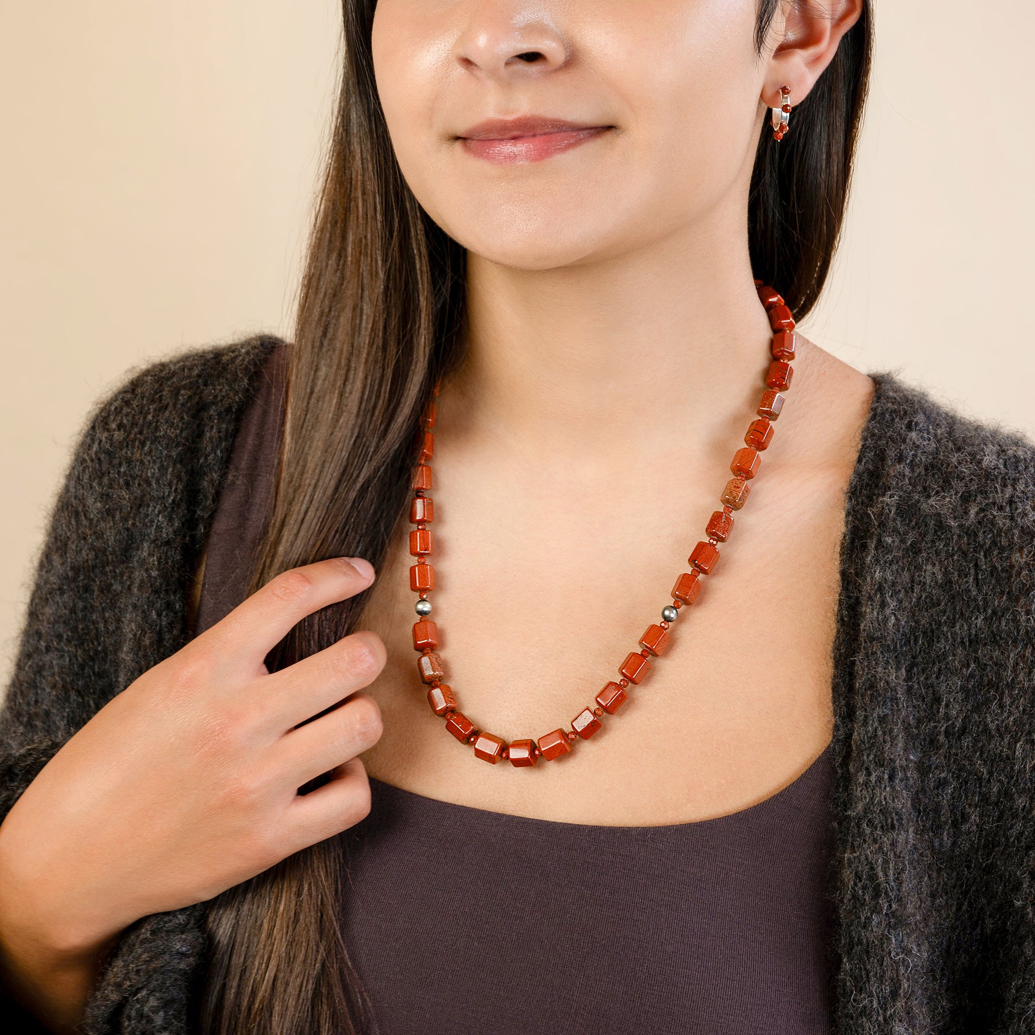 Stone Studded Post Hoops in Red Jasper & Silver