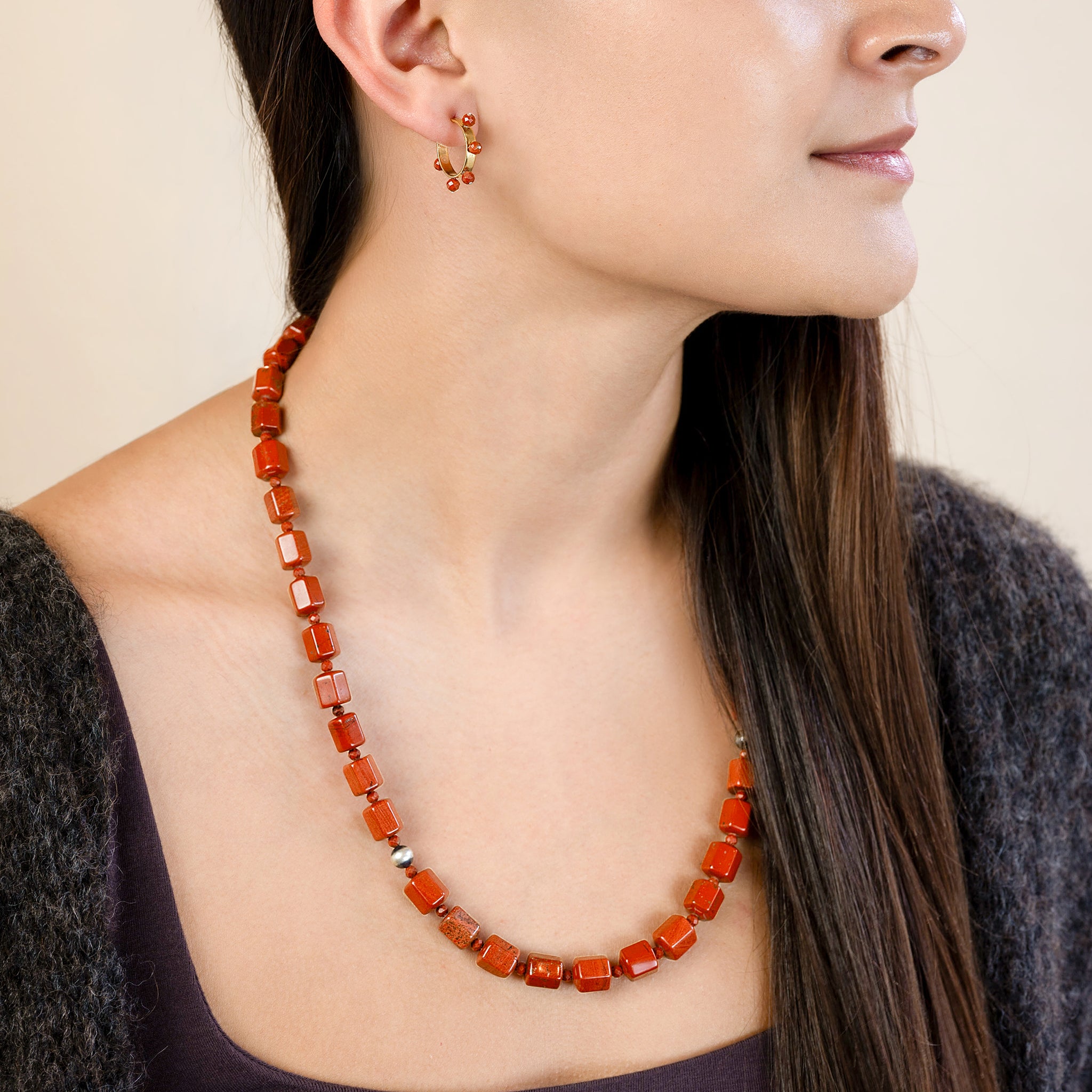 Stone Studded Post Hoops in Red Jasper - Bronze & Silver