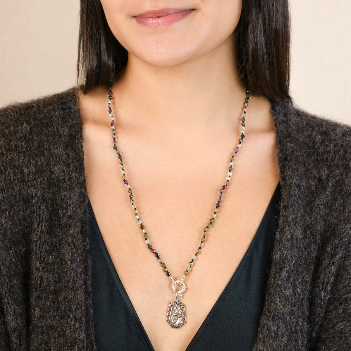 Stone & Silk Nature Saint Necklace in Multicolored Tourmaline | Available to Ship October 30, 2026