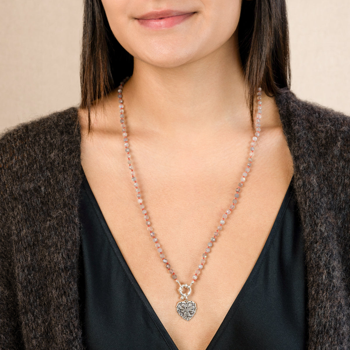 Stone & Silk Guardian Angel Necklace in Labradorite & Silver | Available to Ship October 30, 2026