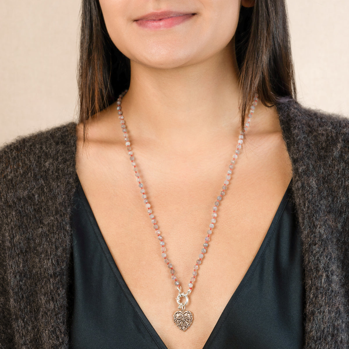 Stone & Silk Guardian Angel Necklace in Labradorite & Bronze | Available to Ship October 30, 2026