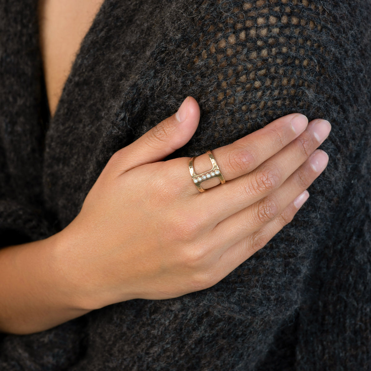 Open Cage Ring in Pearl & Bronze