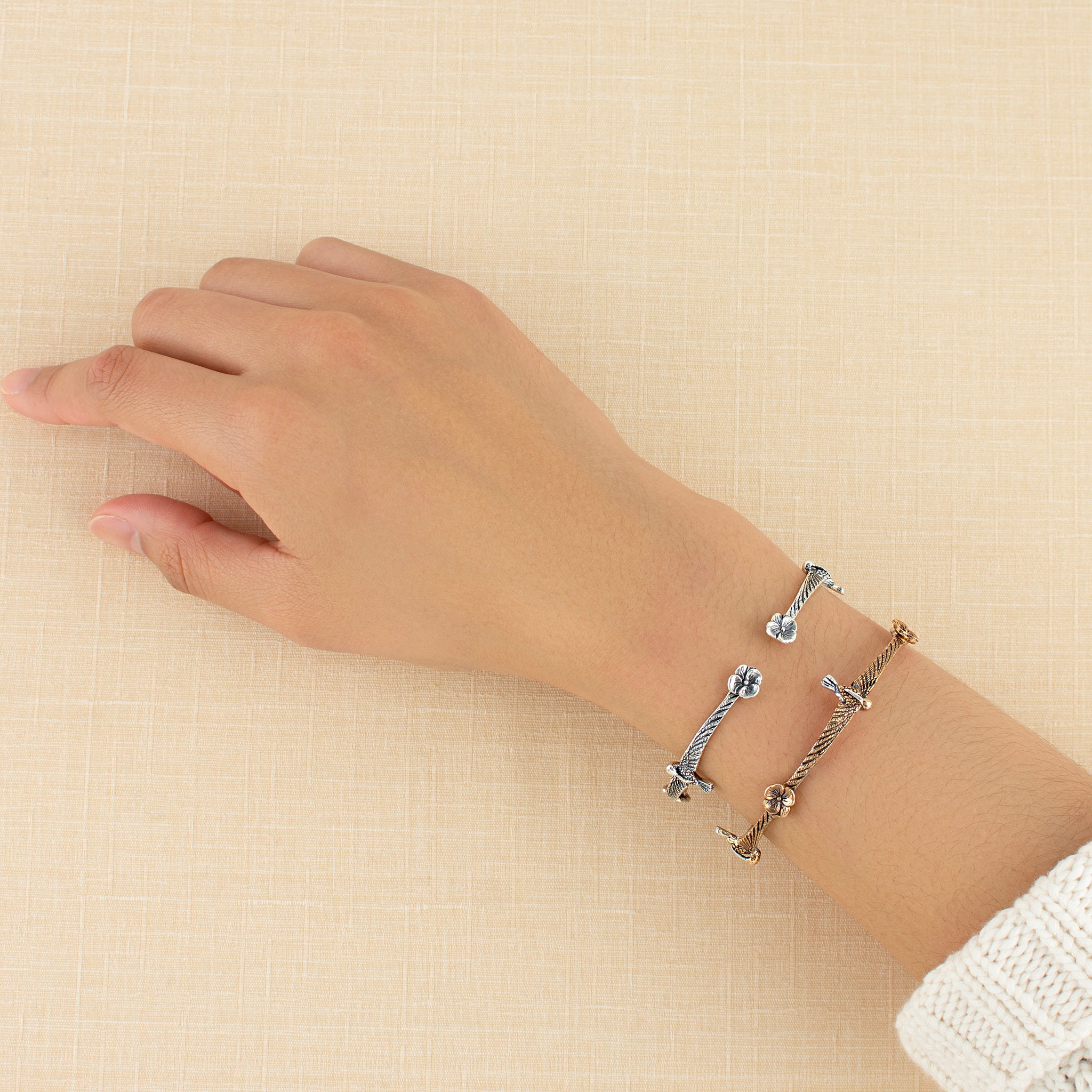 Hummingbird & Pansy Cuff in Silver