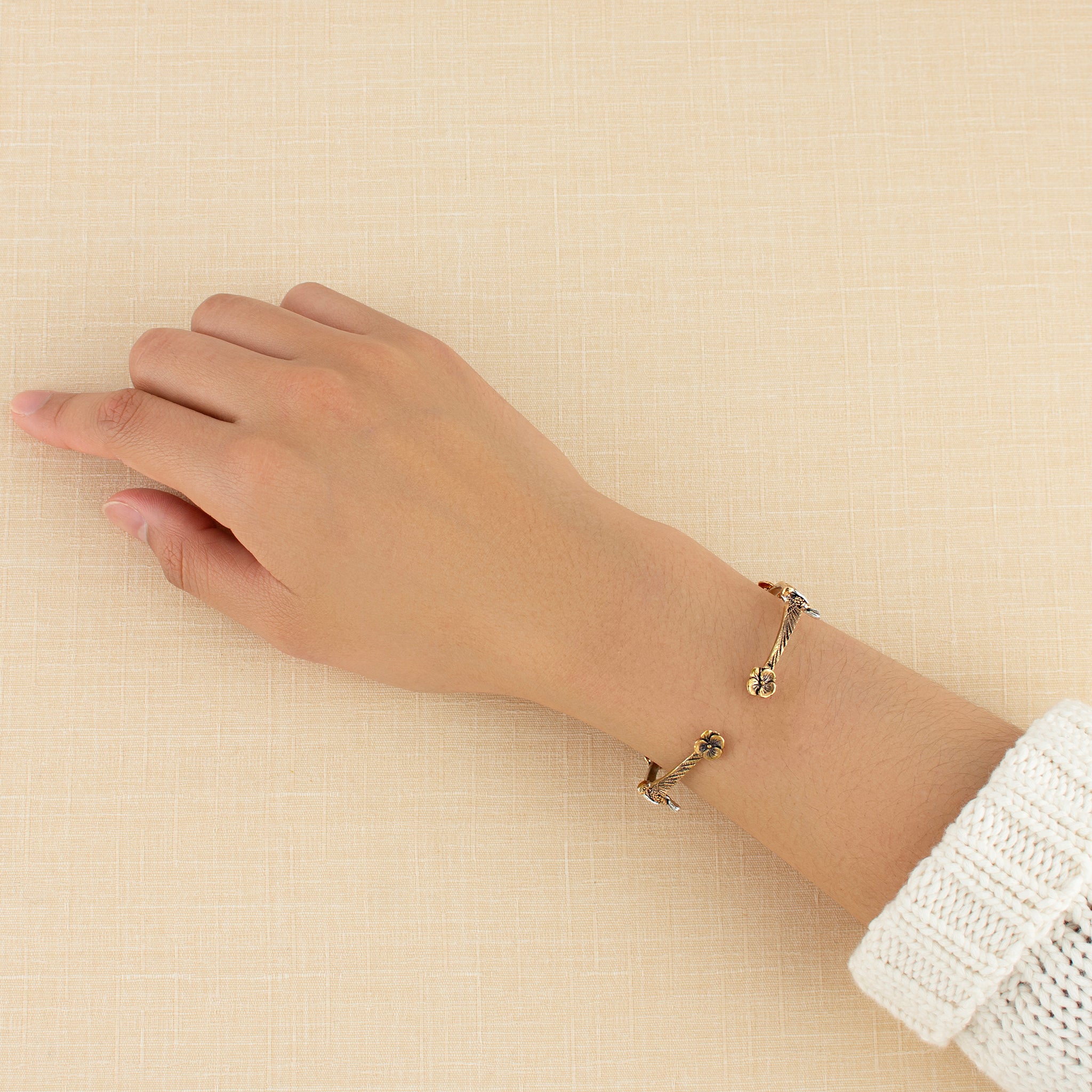 Hummingbird & Pansy Cuff in Bronze & Silver