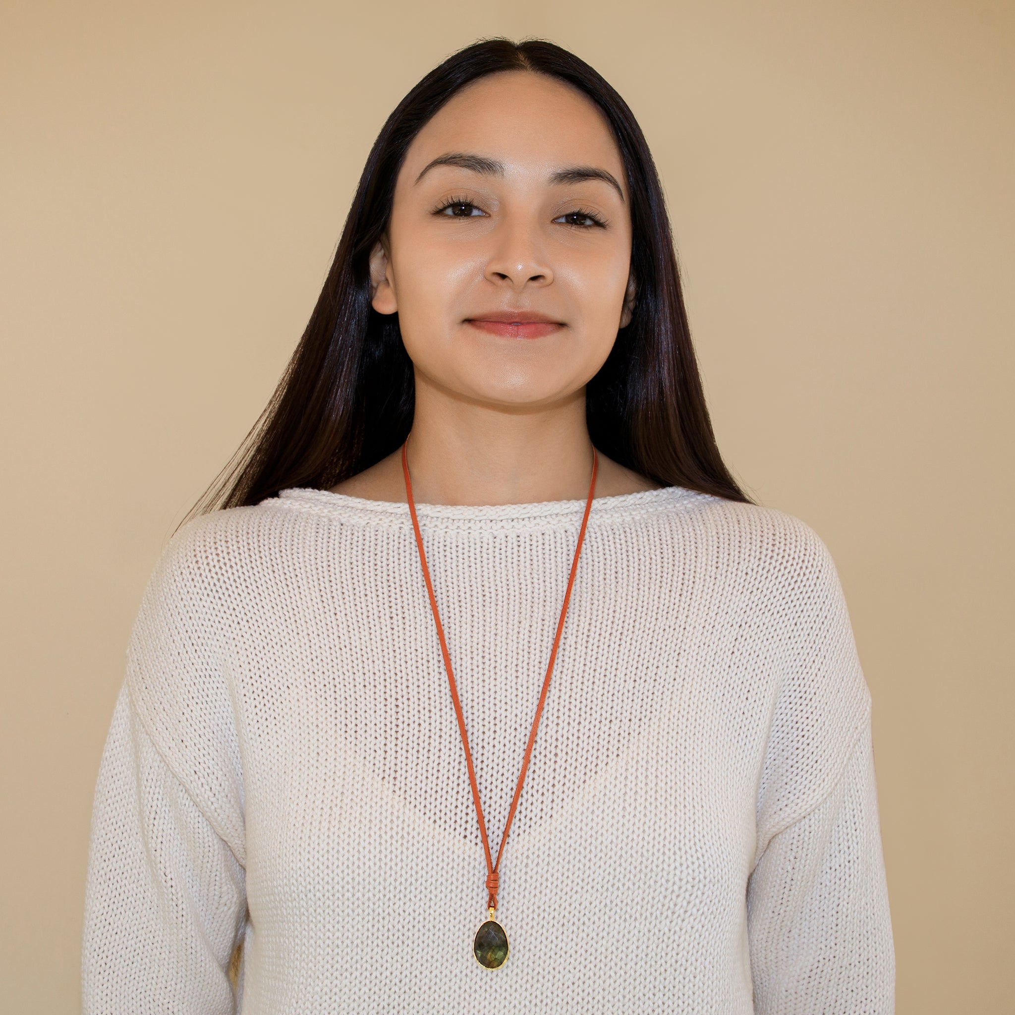 Leather & Stone Necklace in Labradorite & Gold