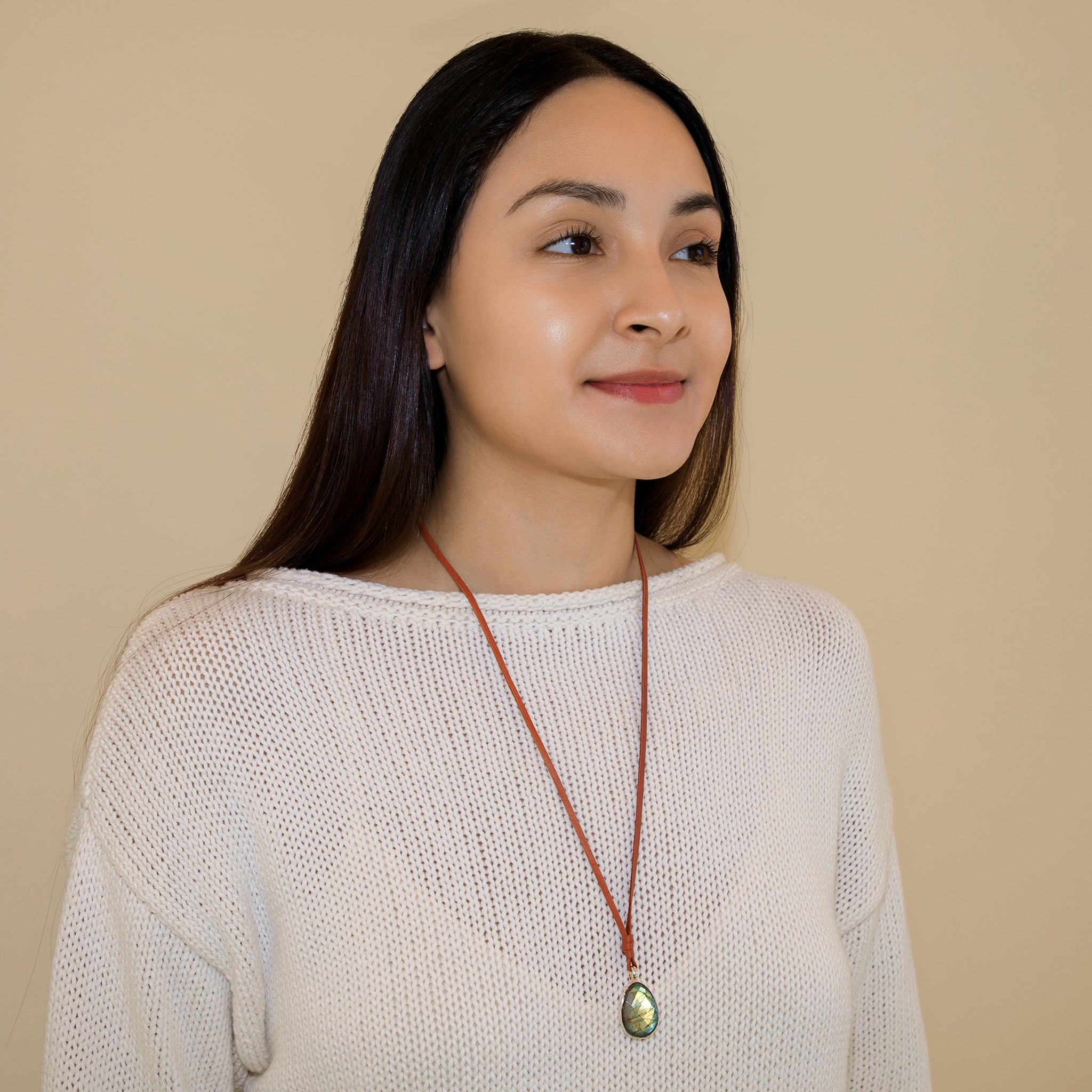 Leather & Stone Necklace in Labradorite & Silver