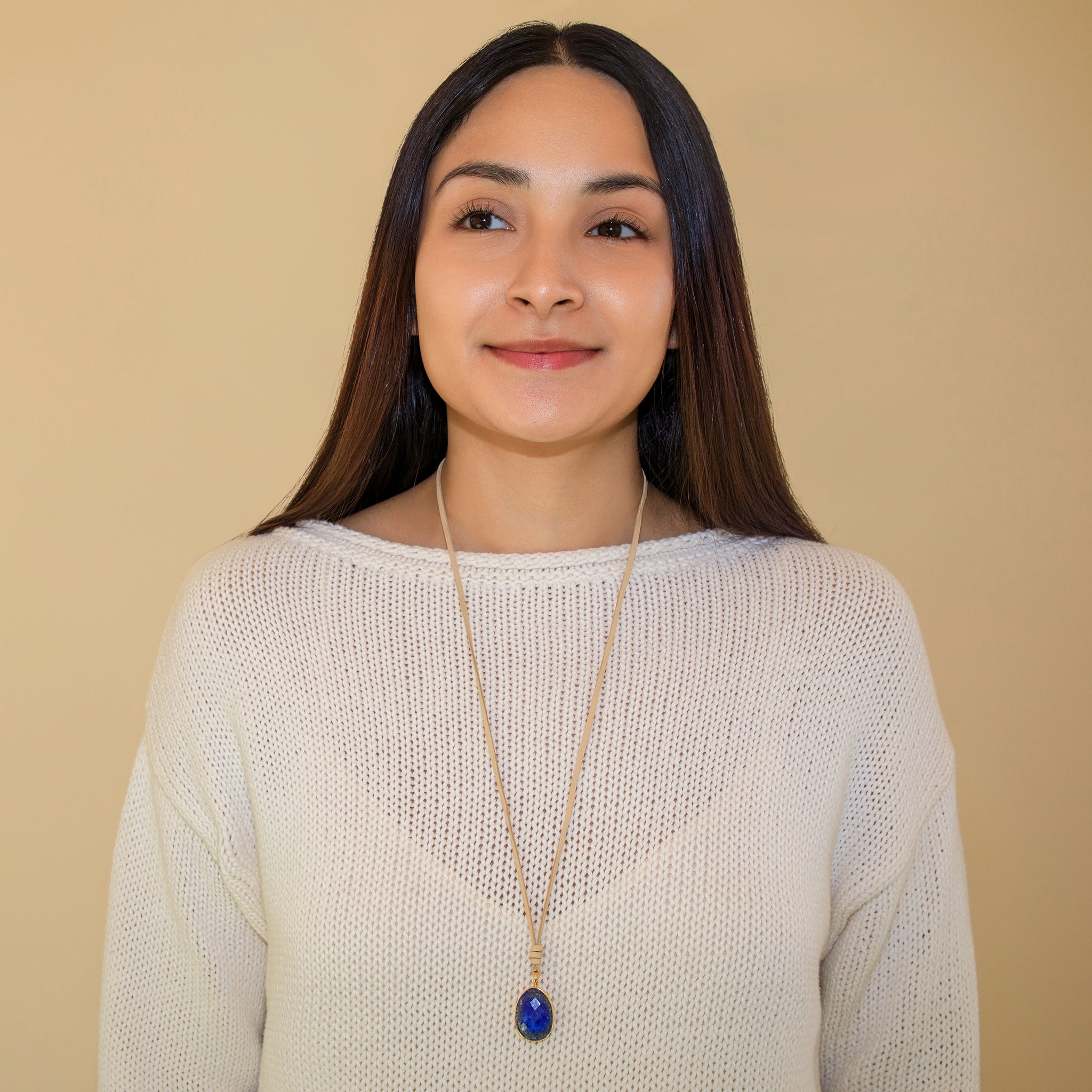 Leather & Stone Necklace in Lapis & Gold