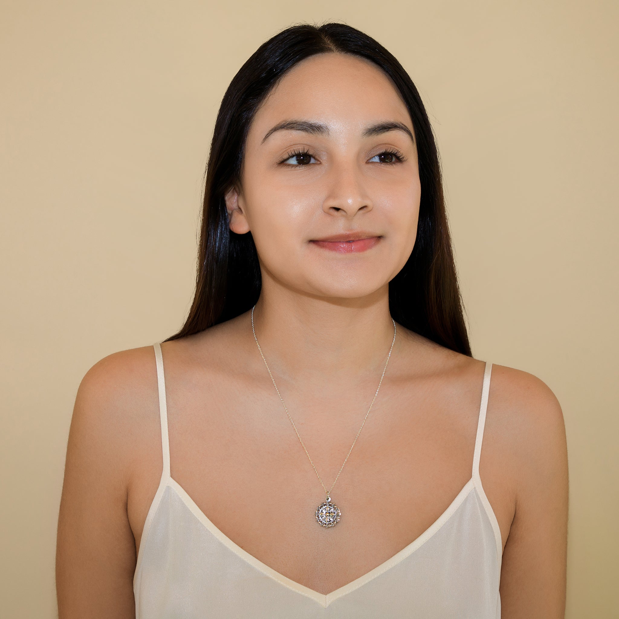 Joan of Arc Sliding Locket Necklace in Bronze with Silver Flash Plate