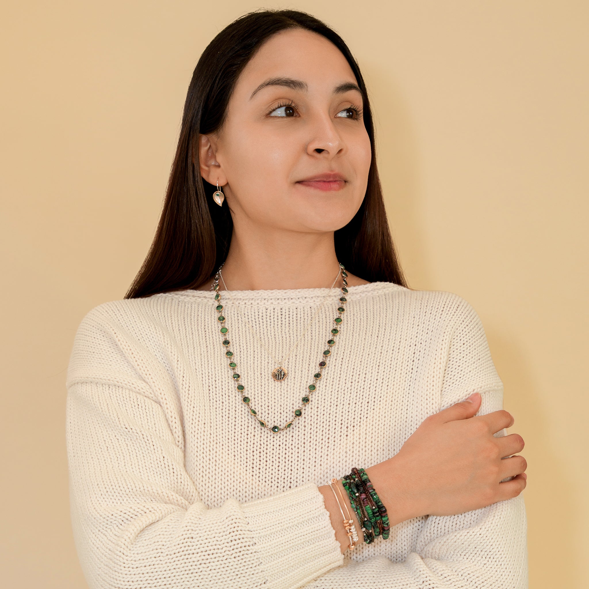 Linked Many Moons Necklace in Ruby Zoisite & Bronze