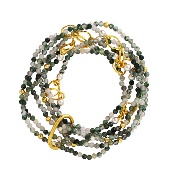 Set of 6 - Pyrite's Booty Bracelets in Moss Agate & Linked Double Gold Rings