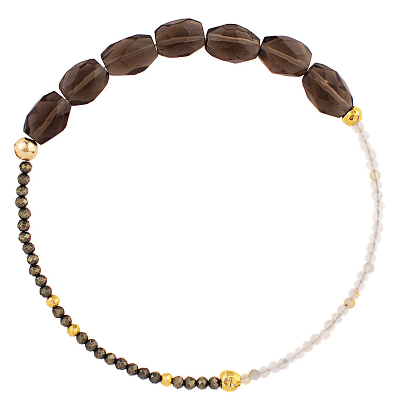 Pyrite's Booty Bracelet -Smoky Quartz Faceted Oval /2mm Gold Rutile/2mm Pyrite