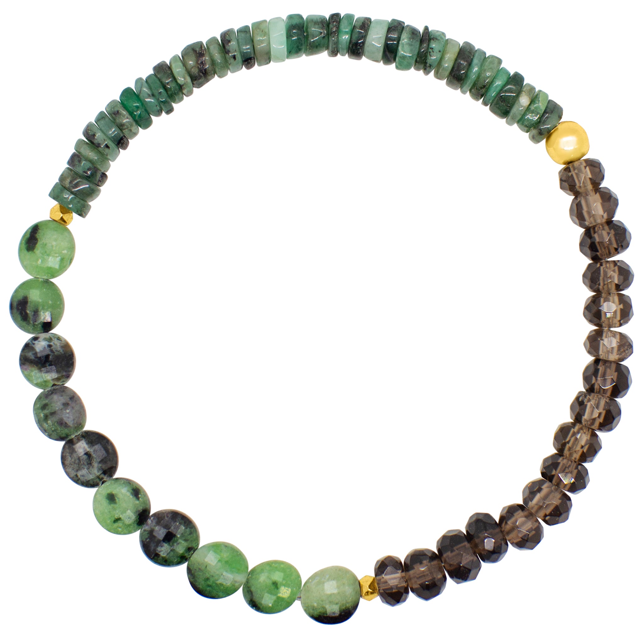 Pyrite's Booty Bracelet in Ruby Zoisite & Emerald Heishi with Smoky Topaz