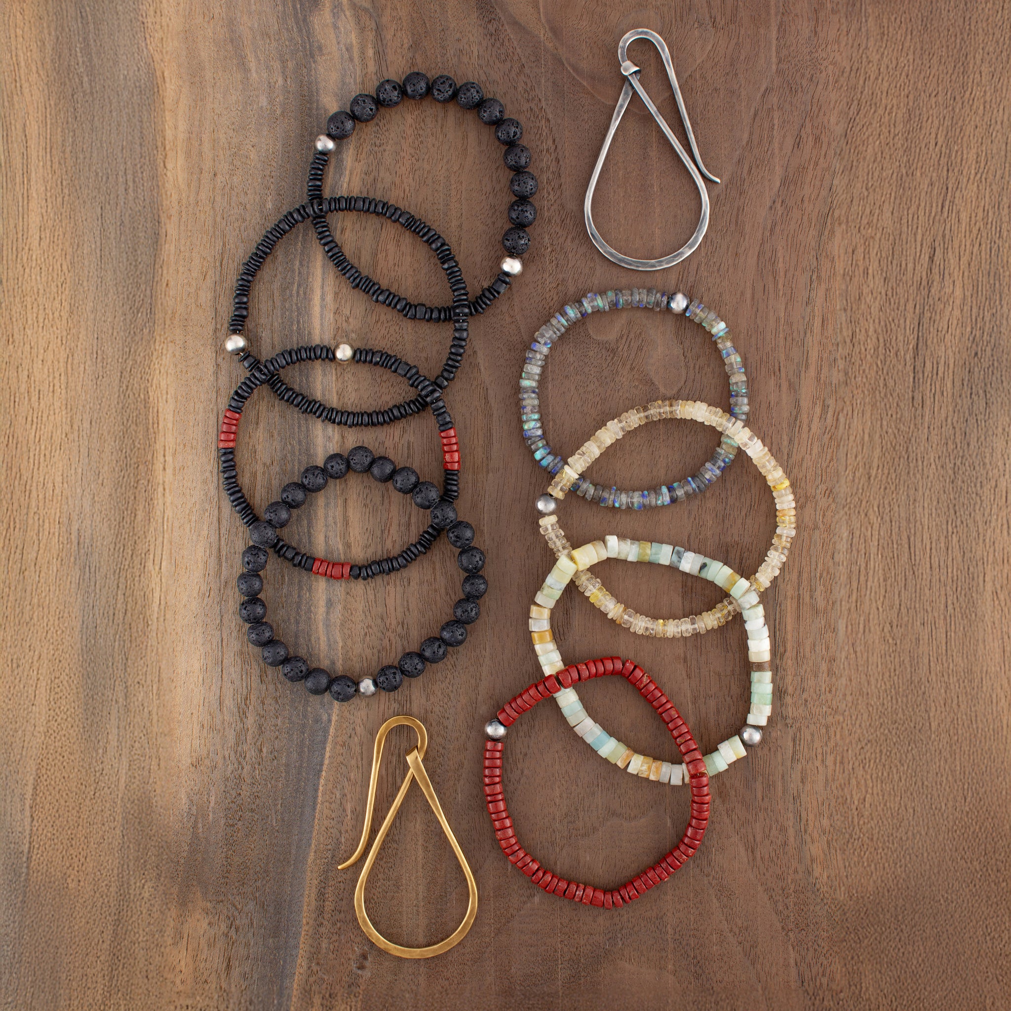 Stone & Sterling Stretch Bracelet - Shungite/Red Jasper