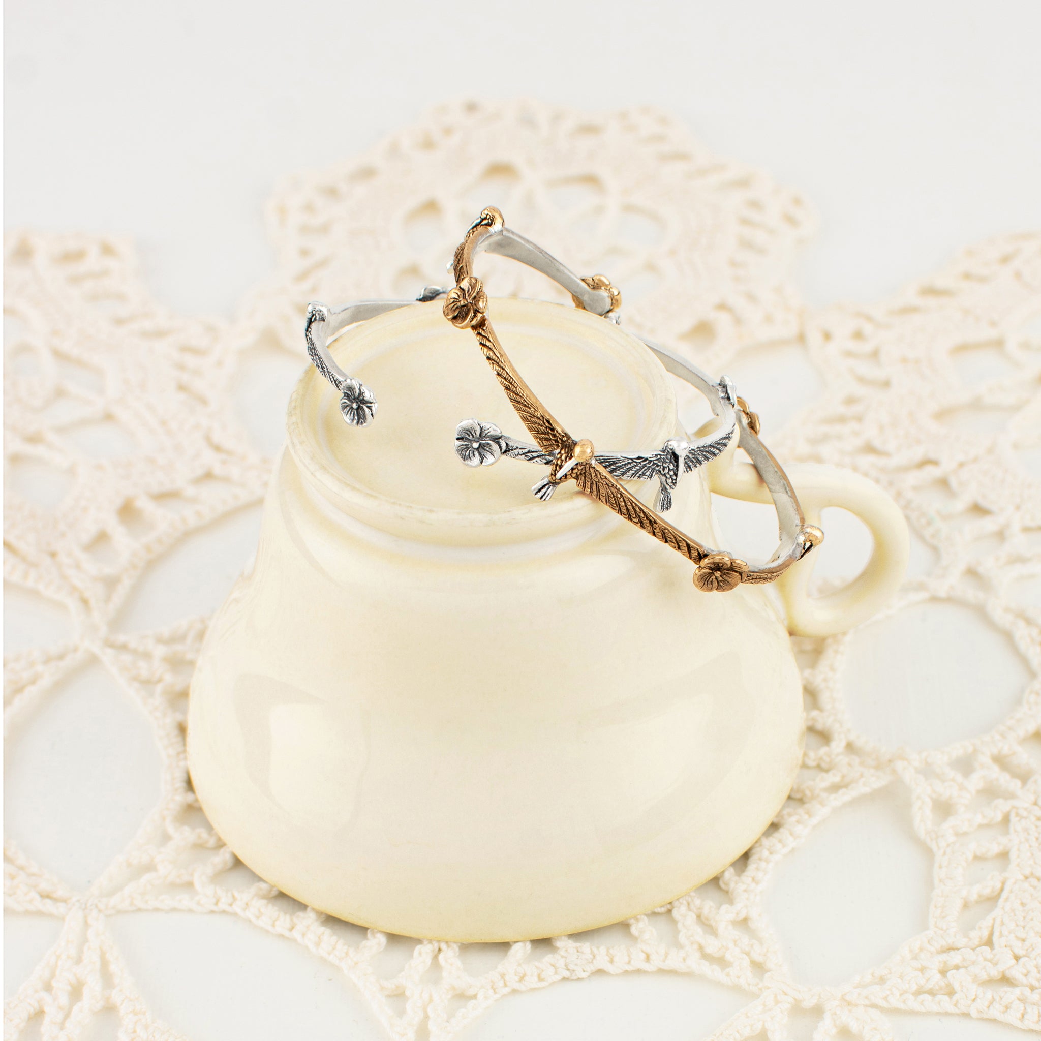 Hummingbird & Pansy Cuff in Bronze & Silver