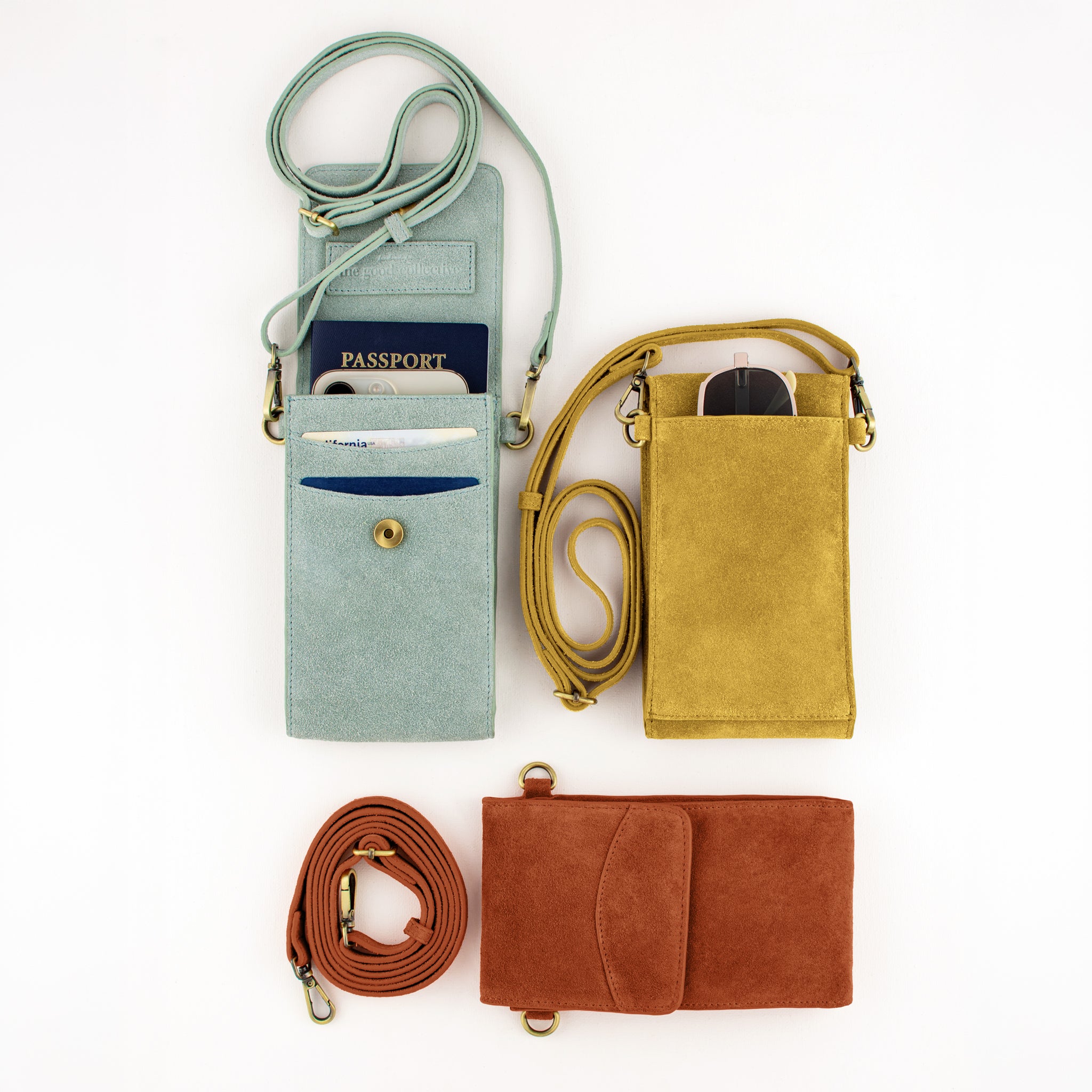 On the Move Leather Phone Bag in Sea Glass Suede