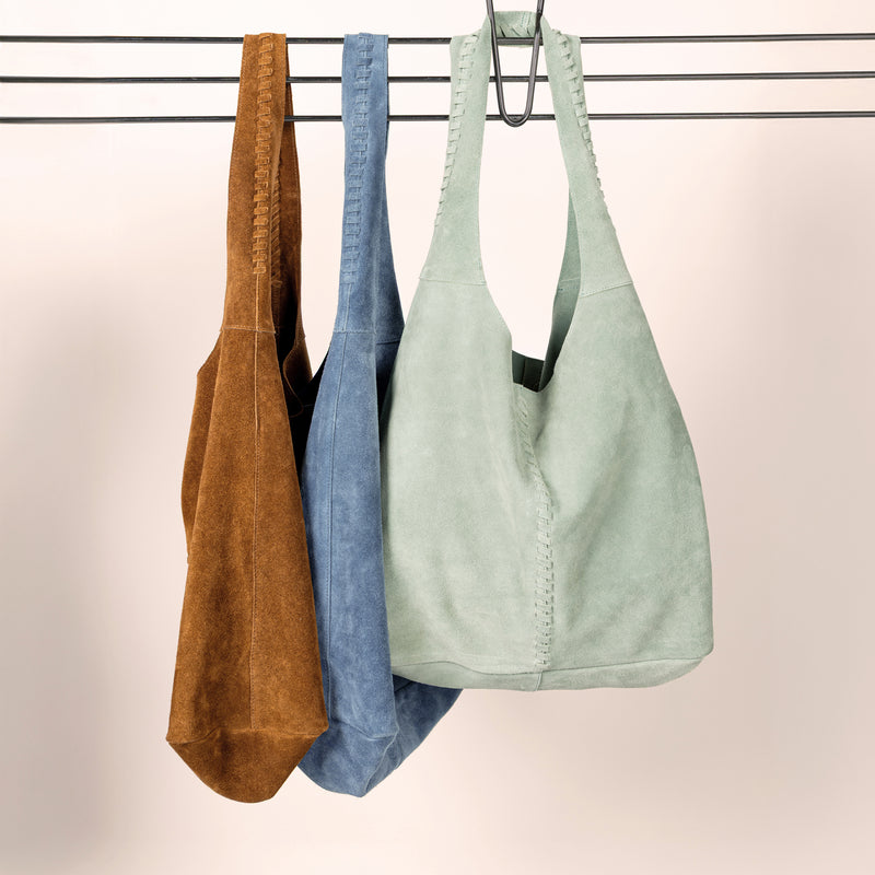 Soft Satchel Bag in Dusty Blue Suede | Available to Ship May 20, 2025