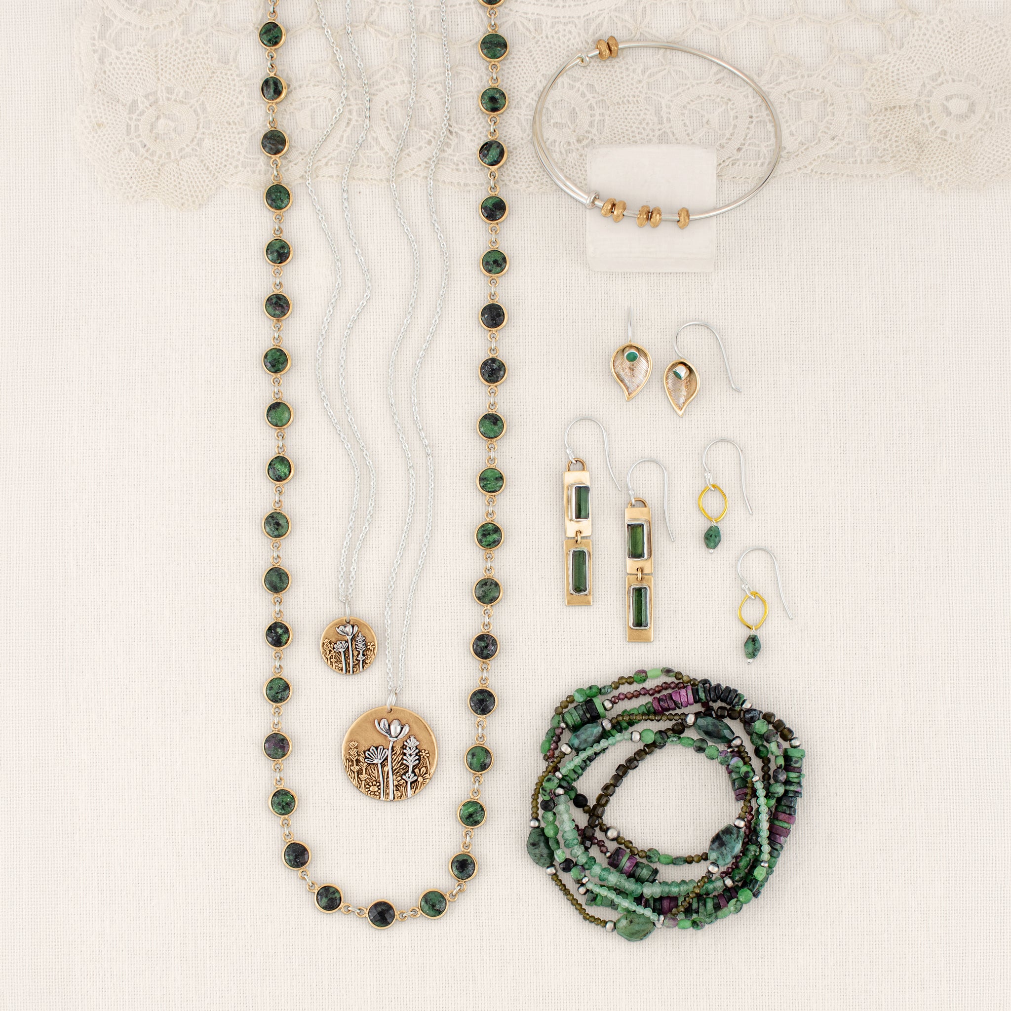 Linked Many Moons Necklace in Ruby Zoisite & Bronze