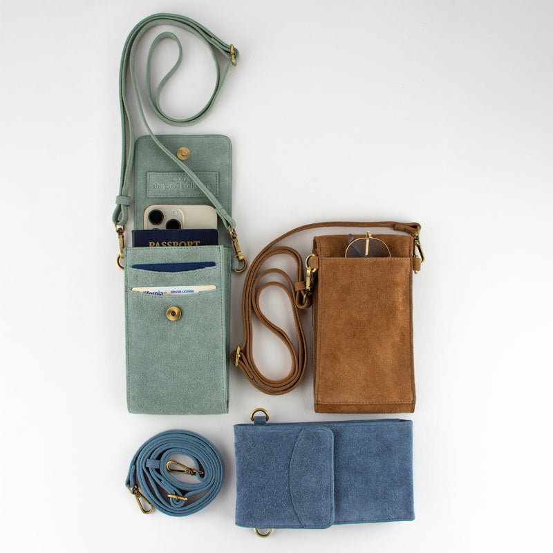 On the Move Leather Phone Bag in Dusty Blue Suede  | Available to Ship May 20, 2025