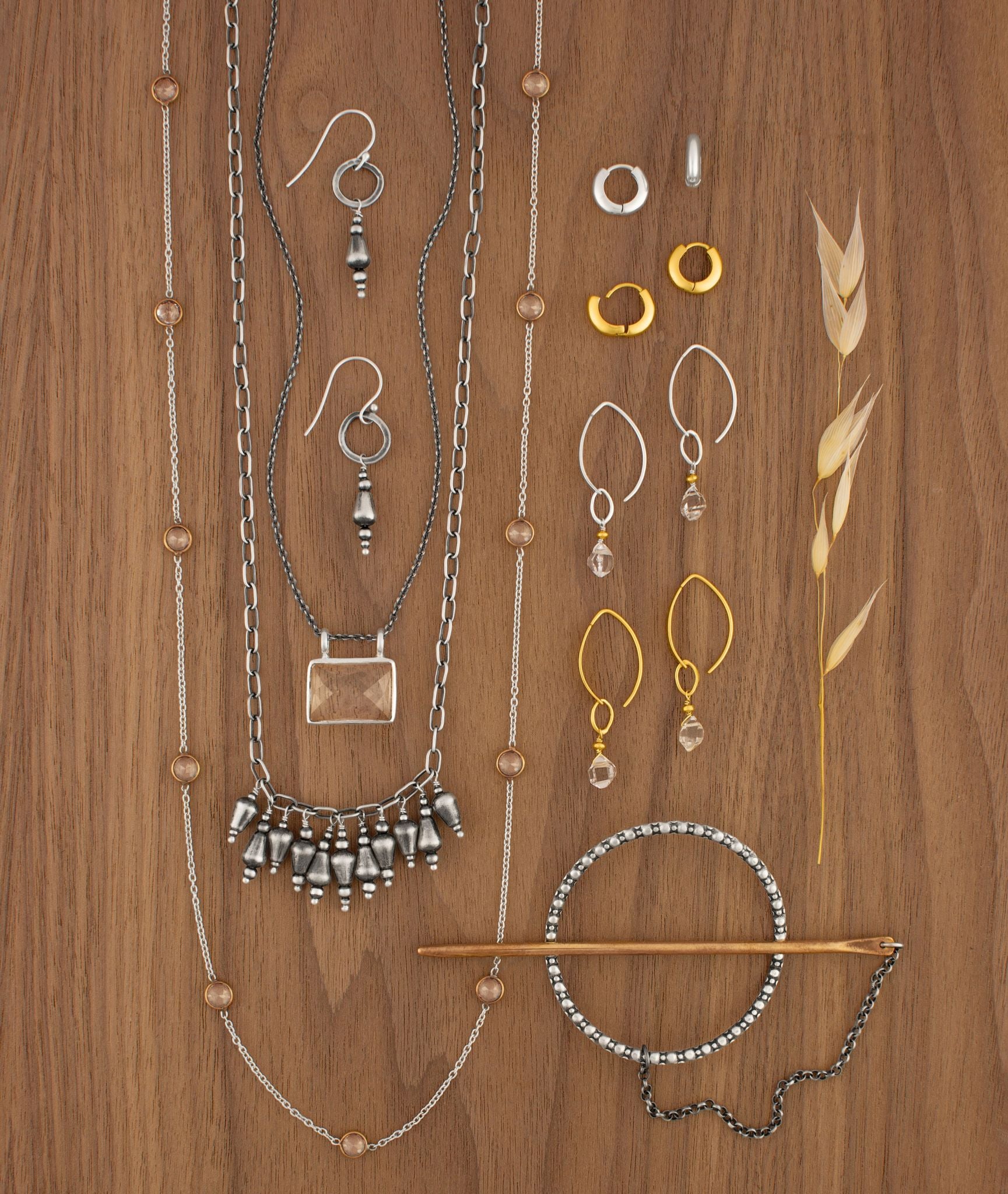 Stone Drop Crescent Earrings in Herkimer & Silver