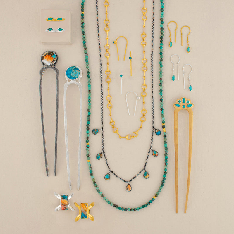Bezeled Stone Dancer Threaders in Turquoise & Gold - Bottom Stone