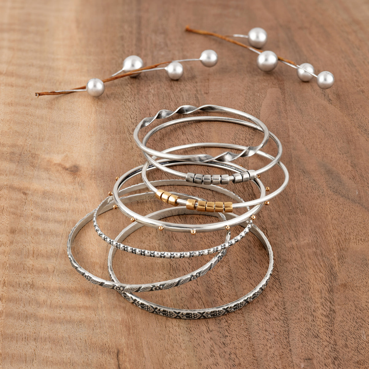 Worry Bangle in Silver & Antiqued Sterling Beads  | Available to Ship October 30, 2026