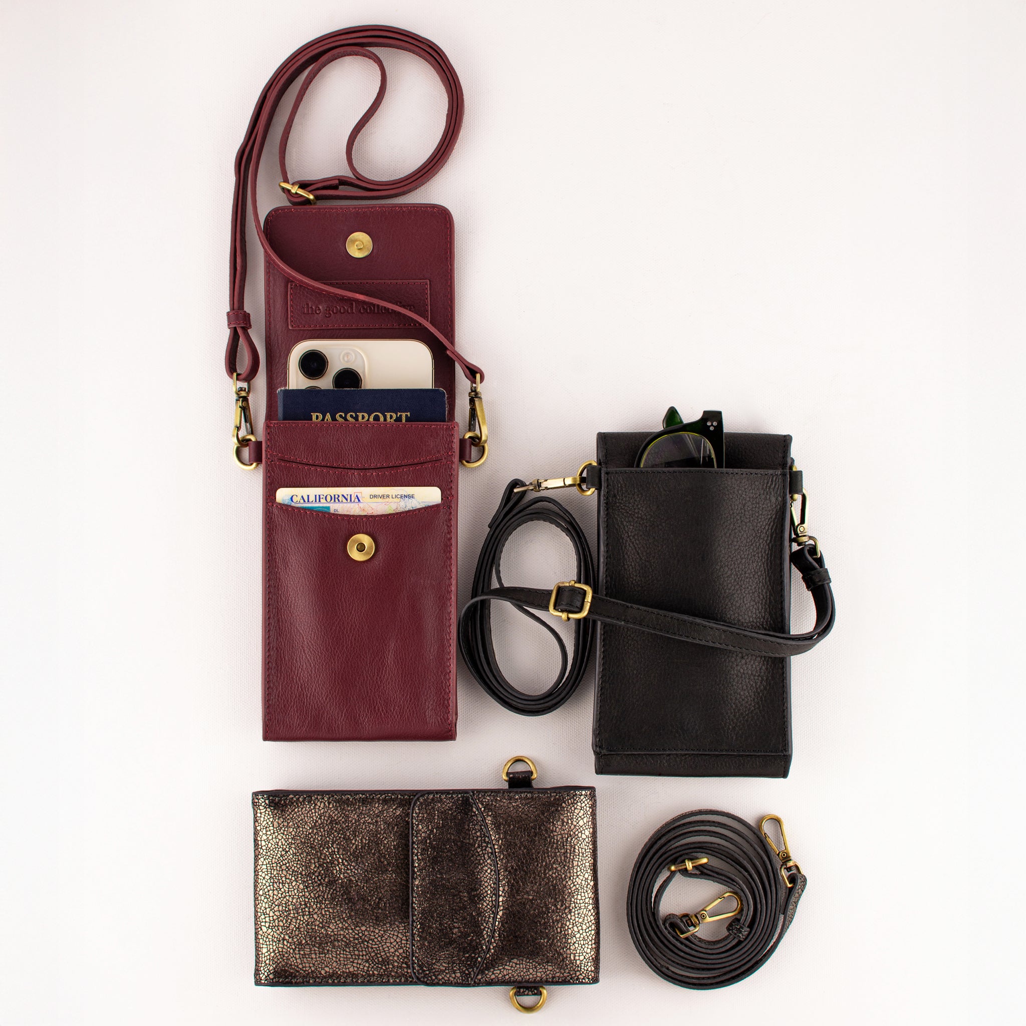 On the Move Leather Phone Bag in Metallic Bronze