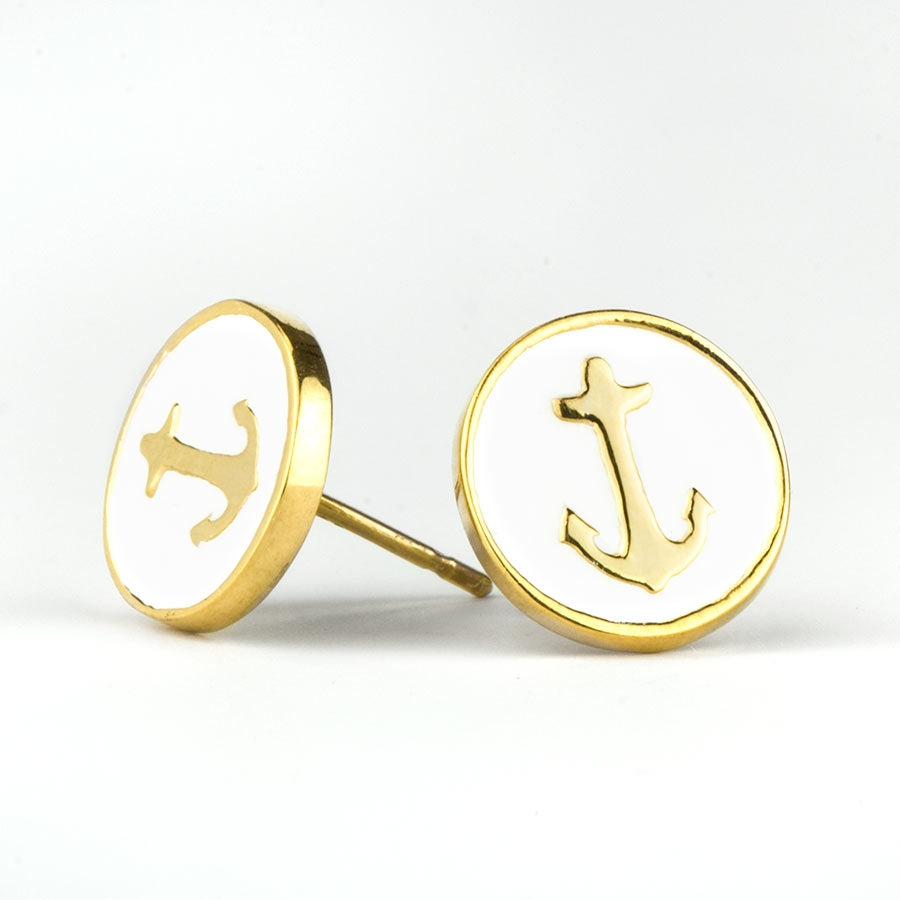 Anchor Badge Earring - Gold & White - FINAL SALE