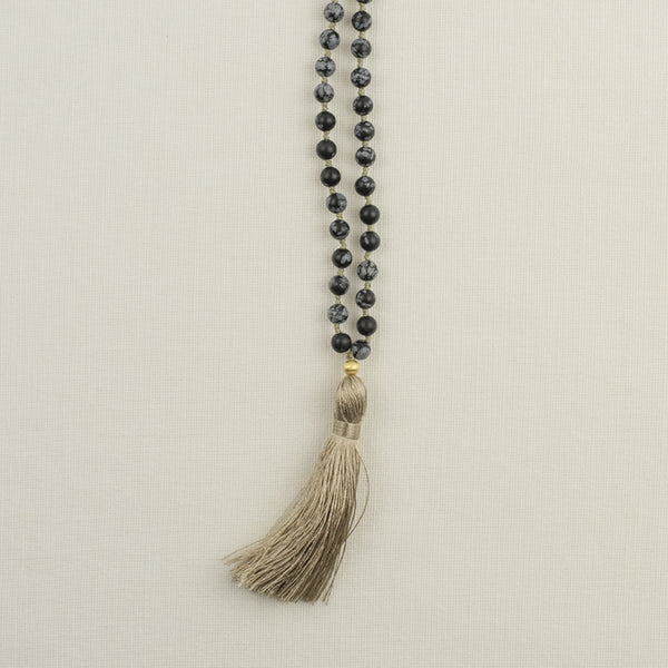 Snowflake Obsidian Mala with Beige Tassel