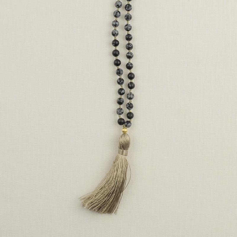 Snowflake Obsidian Mala with Beige Tassel