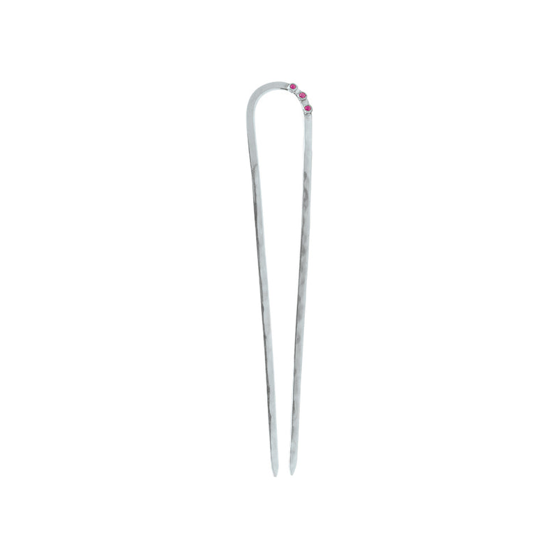 Stone Trio Hair Pin in Silver & Ruby