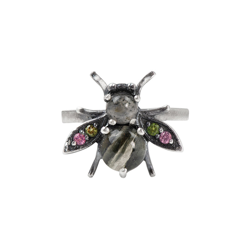 Jeweled Cornu Ring in Rutilated Quartz and Tourmaline