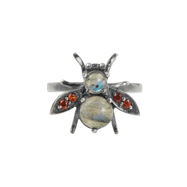 Jeweled Cornu Ring in Labradorite and Garnet