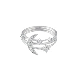 Star & Moon Trio Ring Stack Set in Silver