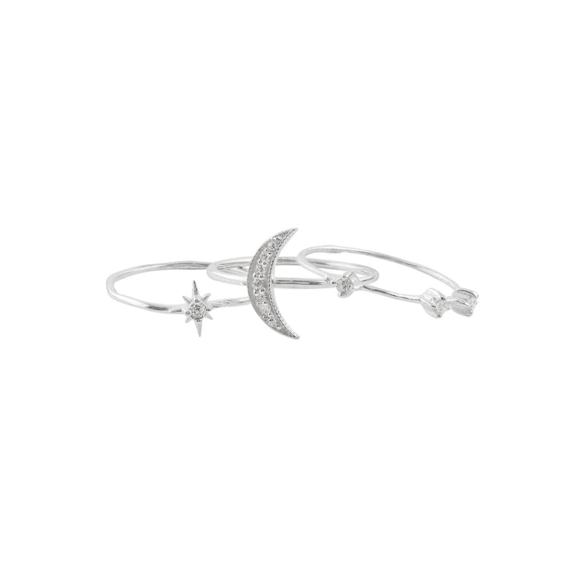 Star & Moon Trio Ring Stack Set in Silver