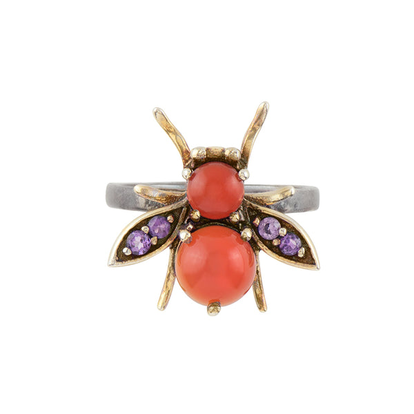 Jeweled Cornu Ring in Carnelian and Amethyst