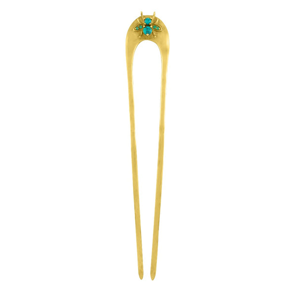 Arc Jeweled Cornu Hair Pin in Gold with Chrysocolla and Chrysoprase