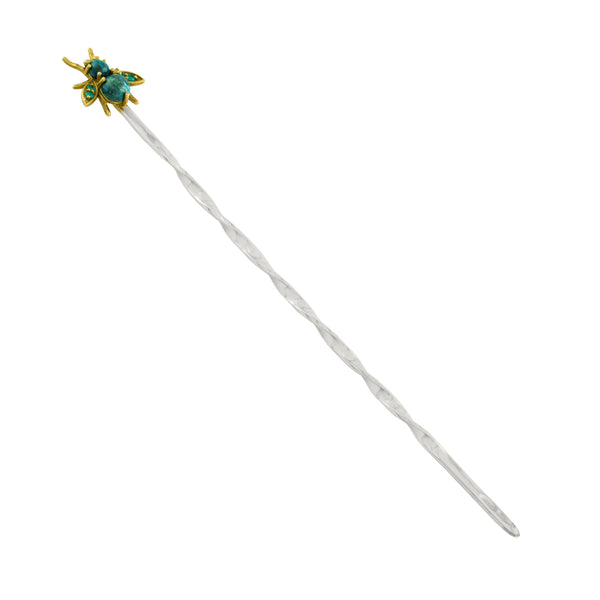 Jeweled Cornu Hair Stick in Chrysocolla and Chrysoprase