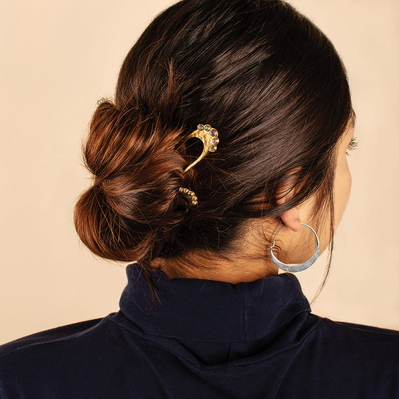 Jeweled Fado Hair Pin in Gold & Tourmaline - Large