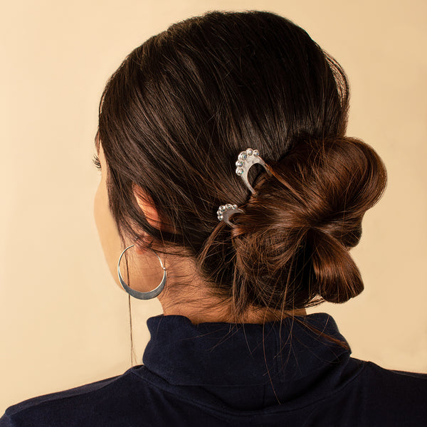 Jeweled Fado Hair Pin in Silver & Tourmaline - Small