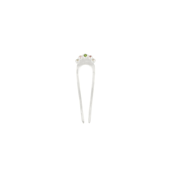 Jeweled Fado Hair Pin in Silver & Tourmaline - Small